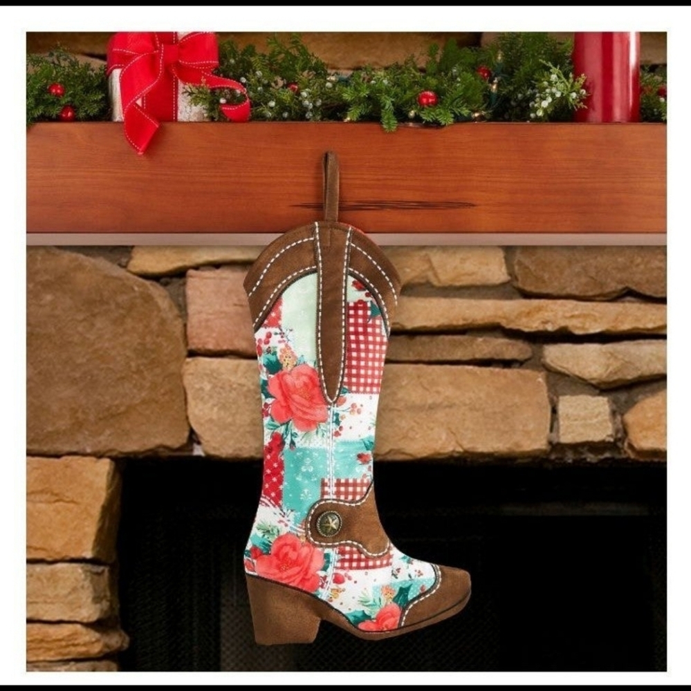 Pioneer Woman Cowboy Boot Stocking Cheerful Rose Patchwork Design